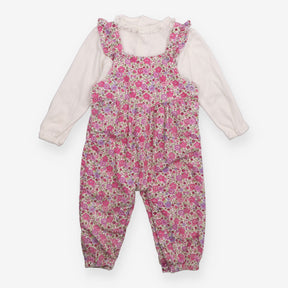 Dungaree set  pink floral cord and white long slee
