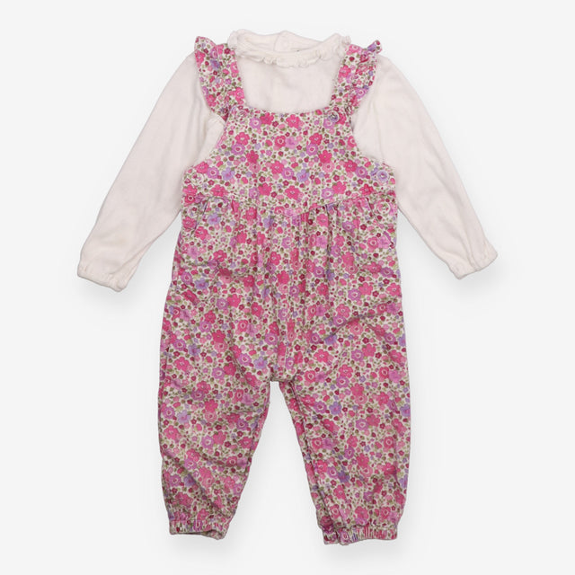 Dungaree set  pink floral cord and white long slee
