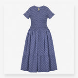 Blue Navy Checked Shirred Midi Dress