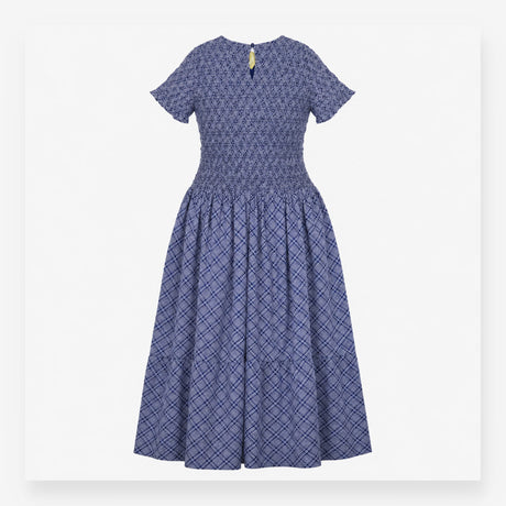 Blue Navy Checked Shirred Midi Dress