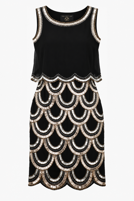 Black Beaded Scallop Two-Piece Maxi Dress