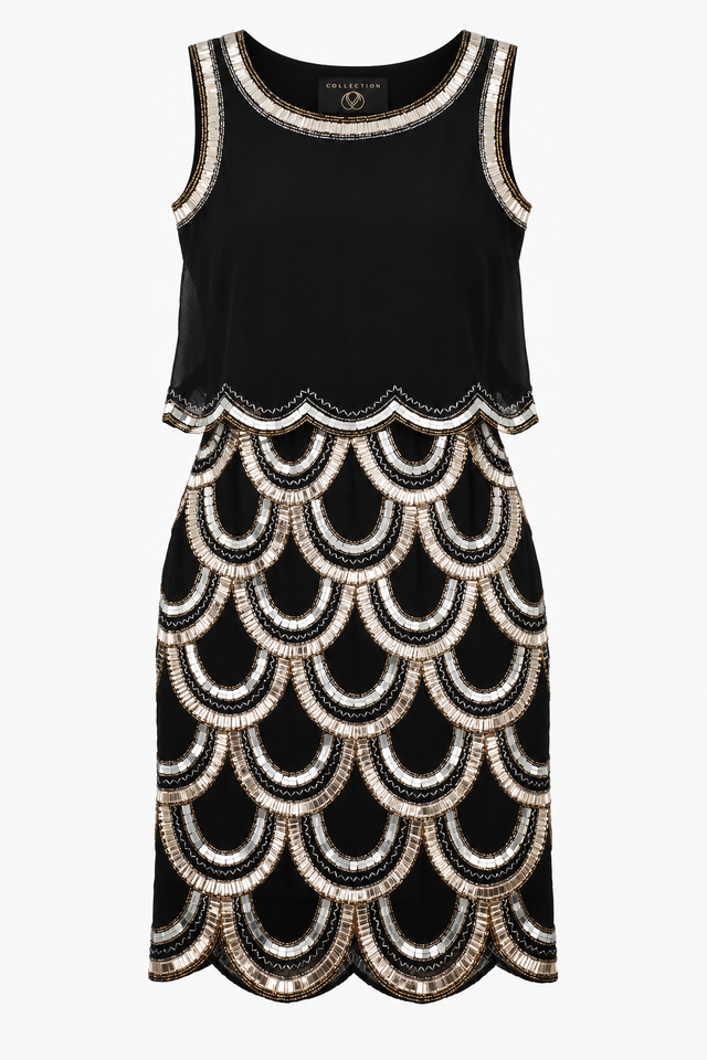 Black Beaded Scallop Two-Piece Maxi Dress