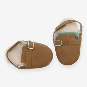Pram shoe tan suede fur lined sling back