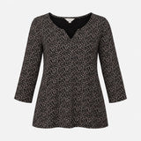 Indigo Cream Leaf Print V Neck Three Quarter Sleev