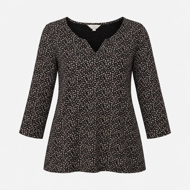 Indigo Cream Leaf Print V Neck Three Quarter Sleev