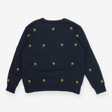 Navy crew neck sweater with embroidered yellow flo