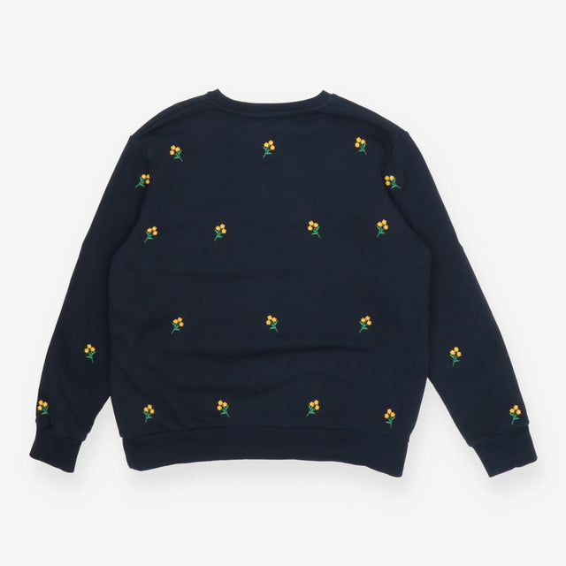 Navy crew neck sweater with embroidered yellow flo