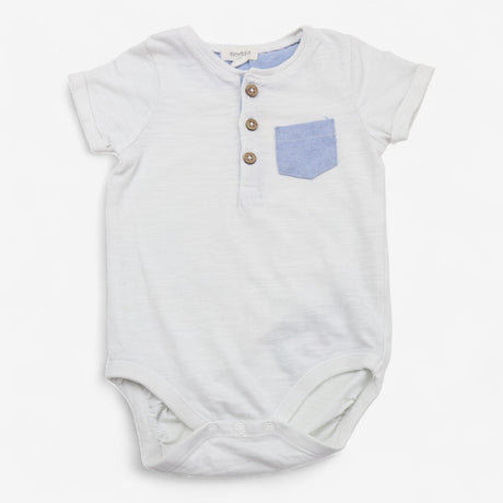 Outfit White Bodysuit with Blue Pocket and Blue Jo