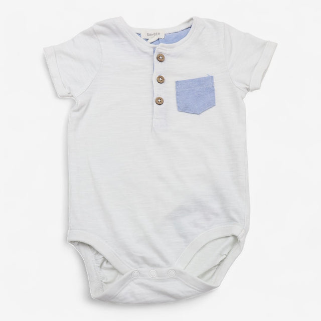 Outfit White Bodysuit with Blue Pocket and Blue Jo