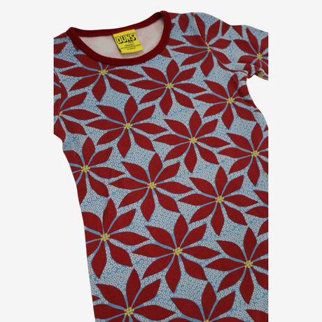 Dress Long Sleeve Blue with Large Red Flower Print