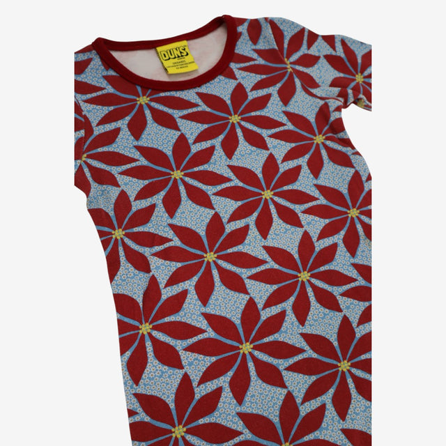 Dress Long Sleeve Blue with Large Red Flower Print