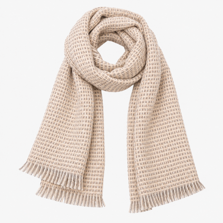 Scarf Woven Checked Neutral Soft Knit Fringe Trim