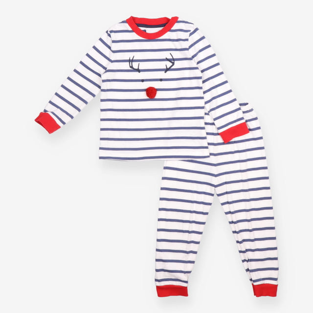 Pyjamas Blue stripe, Reindeer Face & red trim