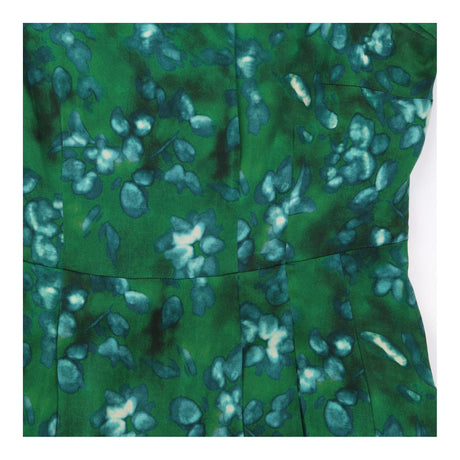 Midi Dress Green Blue Abstract Floral Pleated Skir