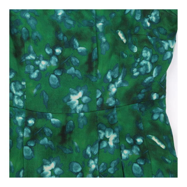 Midi Dress Green Blue Abstract Floral Pleated Skir