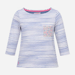 Joules Top White Blue Stripe Floral Pocket 3/4 Sle