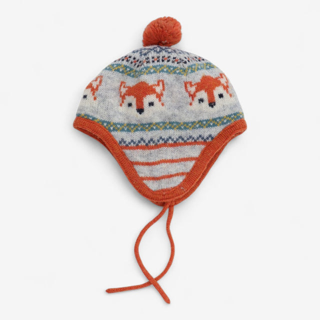 Bobble hat grey and orange with fox