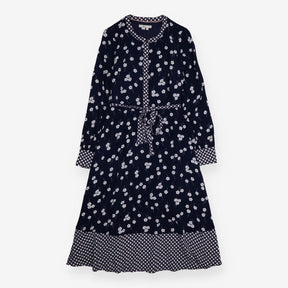 Navy White Floral Print Geometric Trim Long 