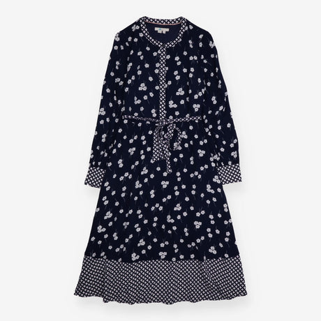 Navy White Floral Print Geometric Trim Long 