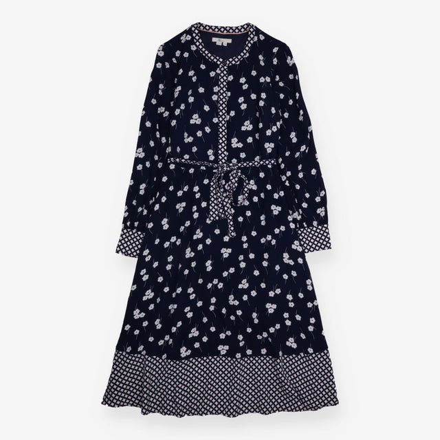 Navy White Floral Print Geometric Trim Long 