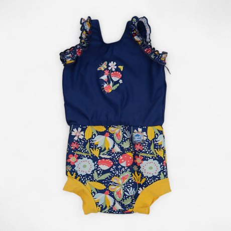 Swimsuit with Integrated Nappy Navy and Yellow Flo