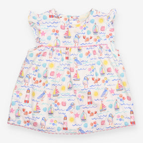 Summer Dress White with Ruffled Shoulders and Mult