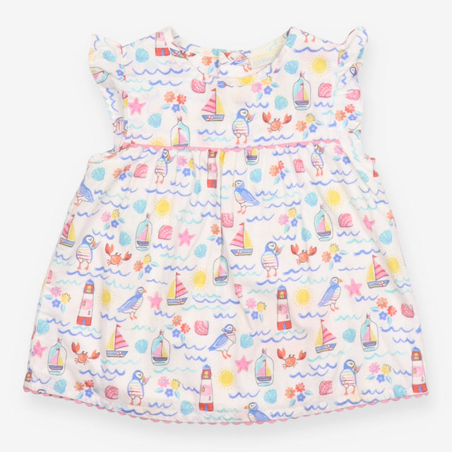 Summer Dress White with Ruffled Shoulders and Mult