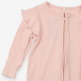 Sleepsuit Pink Ribbed with Zip and Ruffle Shoulder
