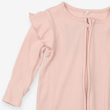 Sleepsuit Pink Ribbed with Zip and Ruffle Shoulder