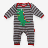 Romper Long Sleeve Grey Stripe with Dinosaur Appli