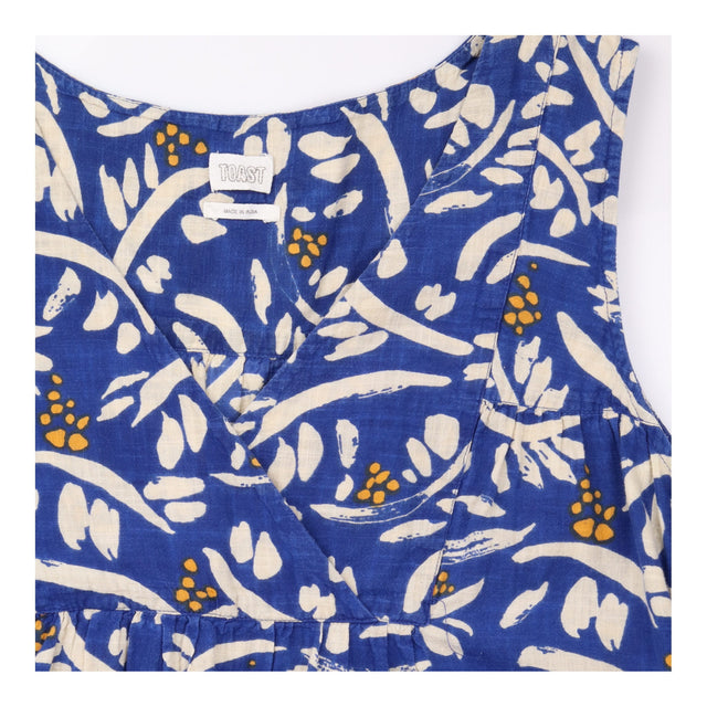 Blue Botanical Print Sleeveless Midi Dress