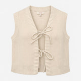 Vest Cream Ribbed Knit V-Neck Tie Front Sleeveless