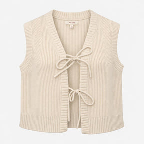 Vest Cream Ribbed Knit V-Neck Tie Front Sleeveless