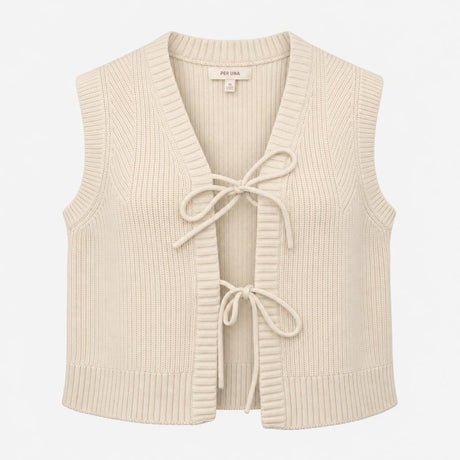 Vest Cream Ribbed Knit V-Neck Tie Front Sleeveless