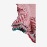 Swimsuit red and white stripe with blue pom poms