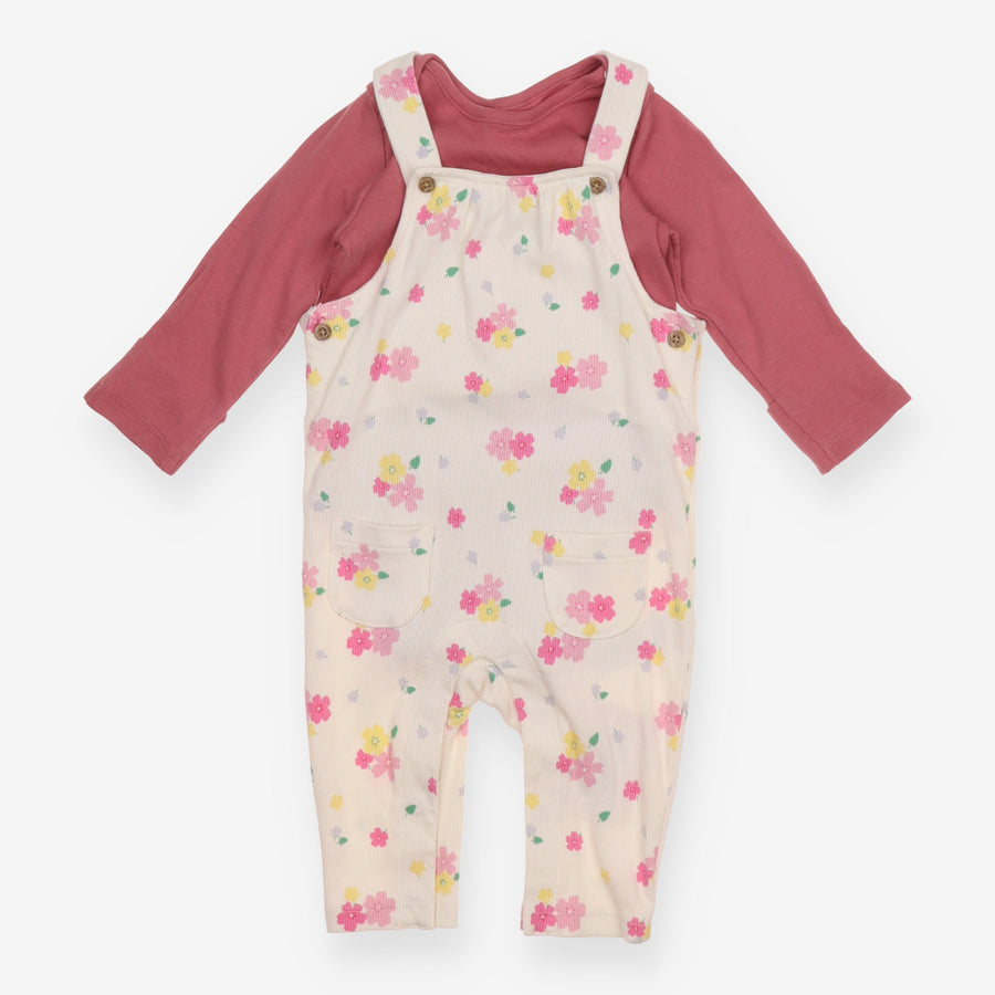 Dungaree White with Flowers and Pink Bodysuit Set
