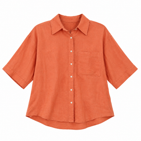 Blouse Coral Orange Linen Look Long Sleeve Patch P