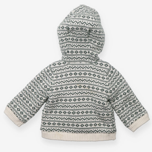 Hooded Cardigan White with Green pattern and Faux 