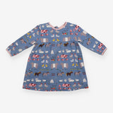 Dress LS blue farm animals pink edging