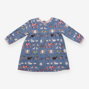 Dress LS blue farm animals pink edging