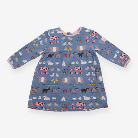 Dress LS blue farm animals pink edging