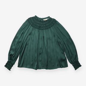 Green Smocked High Neck Long Sleeve Blouse