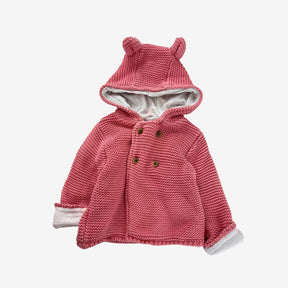 Pink Knit Hooded Cardigan with Bird Lining