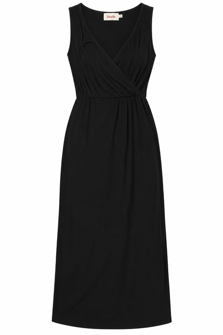 Midi Dress Black Wrap V Neck Sleeveless Jersey