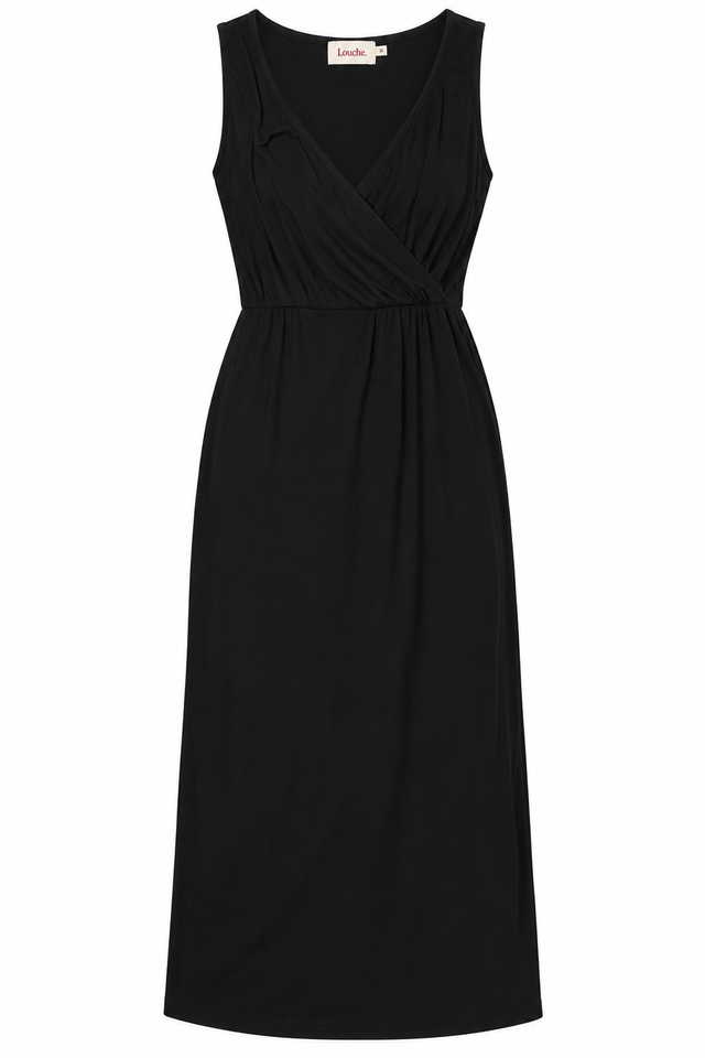 Midi Dress Black Wrap V Neck Sleeveless Jersey