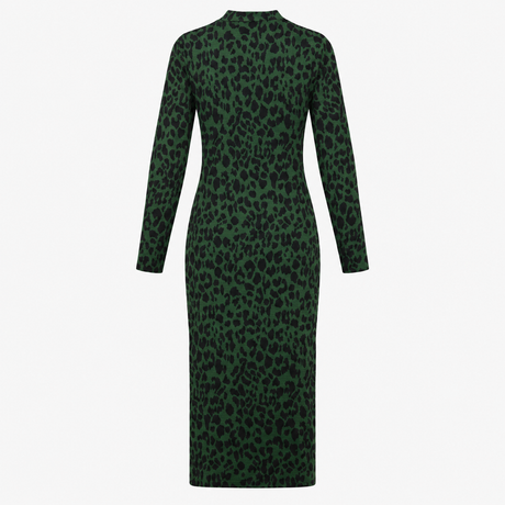 Leopard Midi Dress in Forest Green with High Neck
