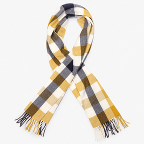Scarf Navy Cream Mustard Check Plaid Fringed