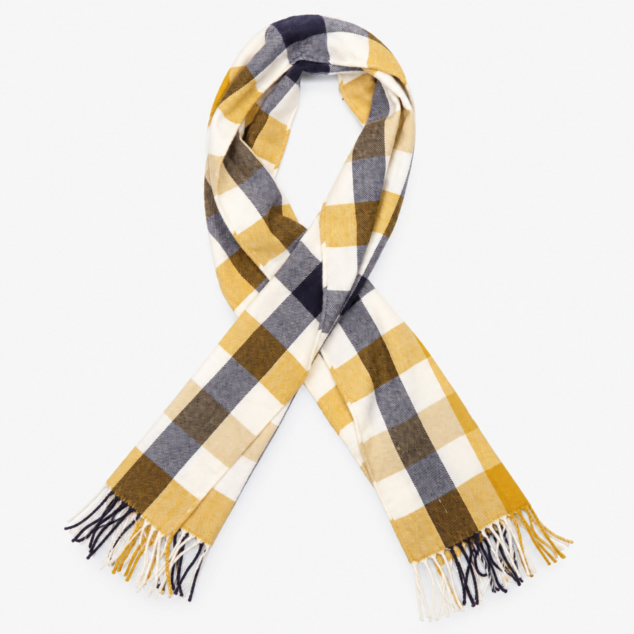 Scarf Navy Cream Mustard Check Plaid Fringed