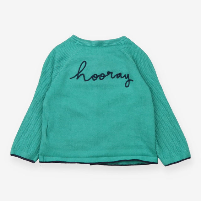 Green knit cardigan 'hooray' on back