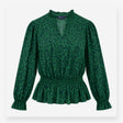 Blouse Green Animal Print Shirred Waist Long Sleev